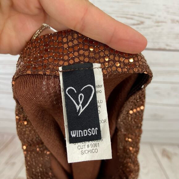 Windsor S Bronze Brown Sequin High Rise Slit Shiny Glittery Mini Skirt - Picture 8 of 9